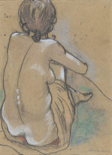 A woman looking away, nude except for a cloth she's sitting on and covering her lap with. Details of hair and the side of her body, bumps of spine and buttocks. In shopping bag brown with outlines in thin black lines.