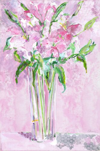 Painting of pink lilies in a crystal vase with a pink background.