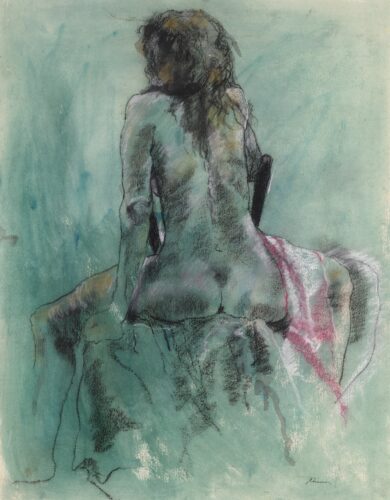 Nude woman straddling a chair and facing away.